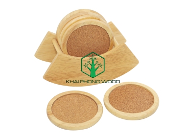 11010: Set of 6 round cork coaster and holder, natural varnish