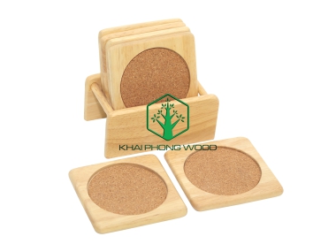 11011: Set of 6 square cork coaster and holder, natural varnish