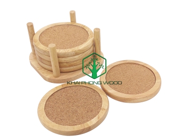 11012: Set of 6 square cork coaster and holder, natural varnish.