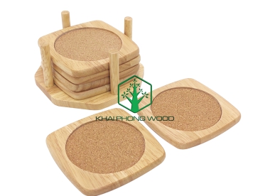 11015: Set of 6 square cork coaster and holder, natural varnish.