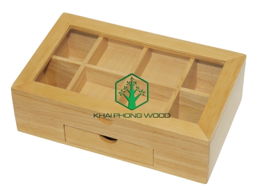 11051: Tea box with acrylic window and 8 separate compartments, with small drawer,natural varnish