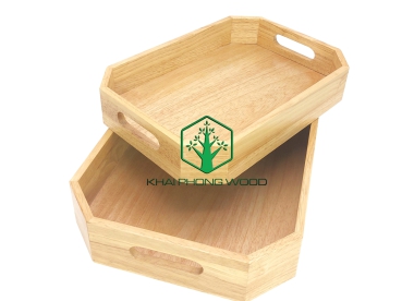 11056: Set of 2 wooden corner chamfered tray with hole handle,  veneer MDF, natural varnish.