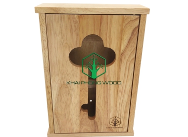 11094: Key holder box with 8 hooks, rubber wood, wood window with key shaped groove, natural varnish