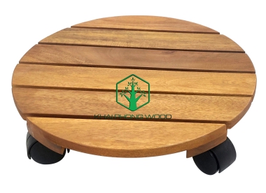 13003: Flower pot, round base on wheels, Acacia, oil finishing