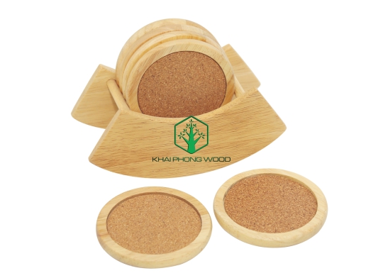 11010: Set of 6 round cork coaster and holder, natural varnish