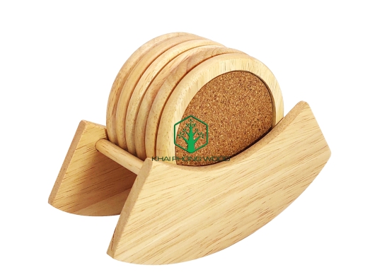 11010: Set of 6 round cork coaster and holder, natural varnish