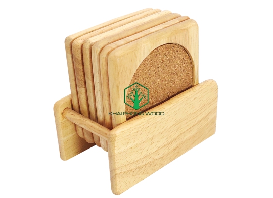 11011: Set of 6 square cork coaster and holder, natural varnish