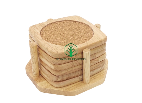 11015: Set of 6 square cork coaster and holder, natural varnish.