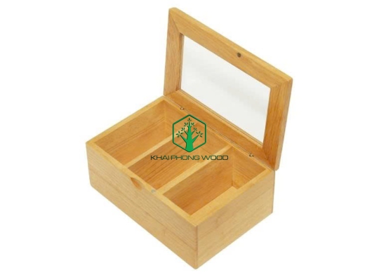 11050: Tea box with acrylic window and 3 separate compartments, natural varnish
