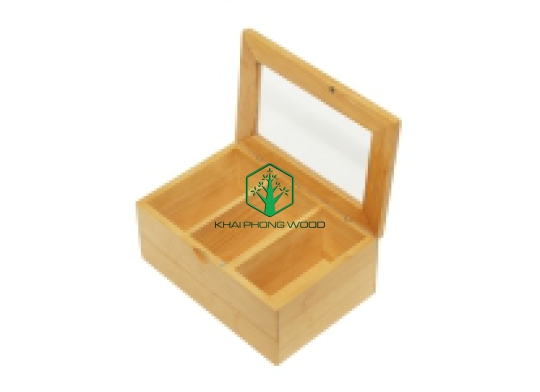 11050: Tea box with acrylic window and 3 separate compartments, natural varnish