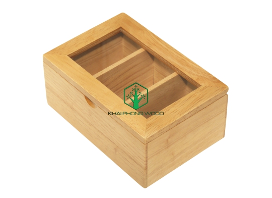 11050: Tea box with acrylic window and 3 separate compartments, natural varnish