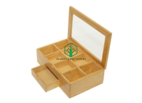 11051: Tea box with acrylic window and 8 separate compartments, with small drawer,natural varnish
