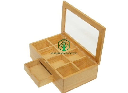 11051: Tea box with acrylic window and 8 separate compartments, with small drawer,natural varnish