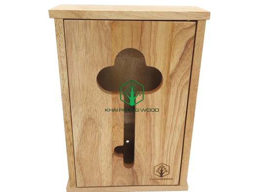 11094: Key holder box with 8 hooks, rubber wood, wood window with key shaped groove, natural varnish
