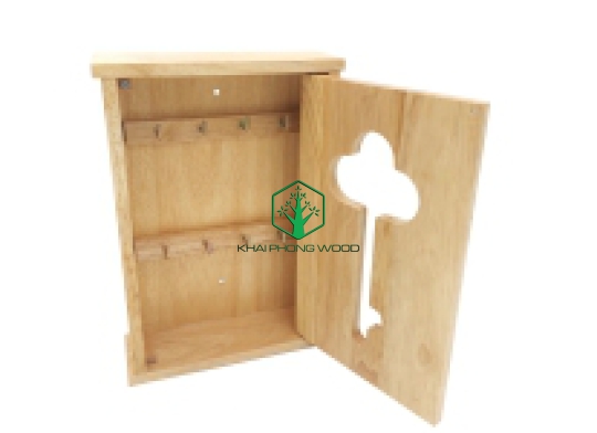 11094: Key holder box with 8 hooks, rubber wood, wood window with key shaped groove, natural varnish
